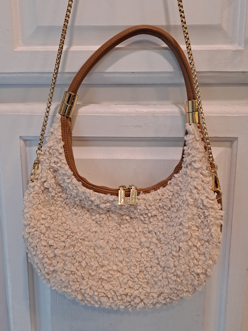 Dolce Vita Keena Cream Sherpa Convertible Bag Tan Trim Gold Chain Half Moon